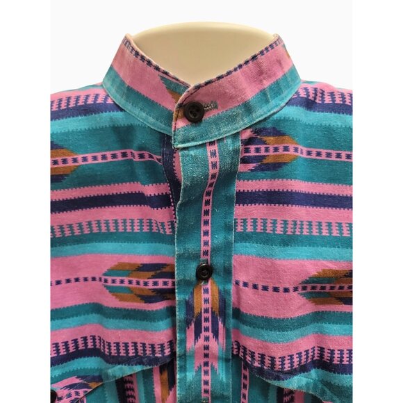 Vintage Ruddock Bros Western Shirt Large Aztec Print Pink & Teal 100% Cotton - Picture 3 of 8